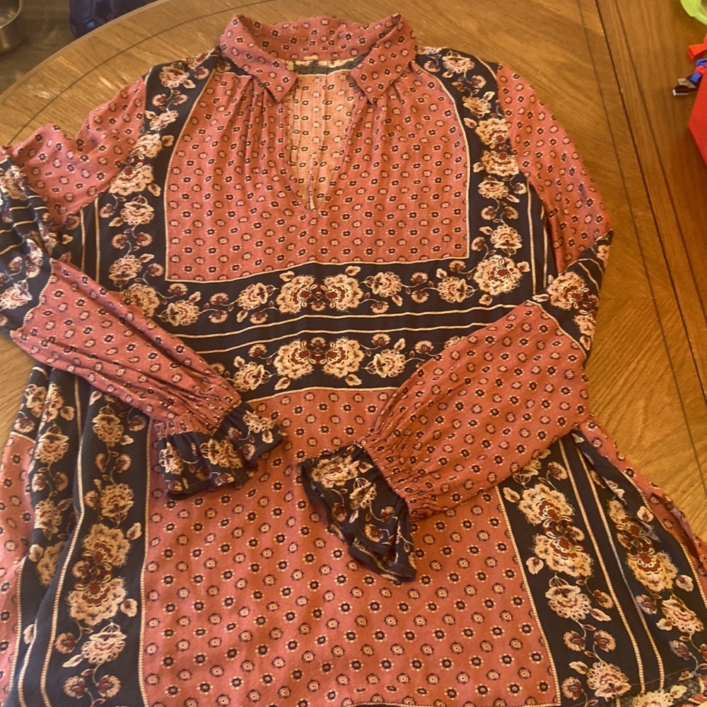 Free people bohemian long sleeve gather cuff floral tunic size XS